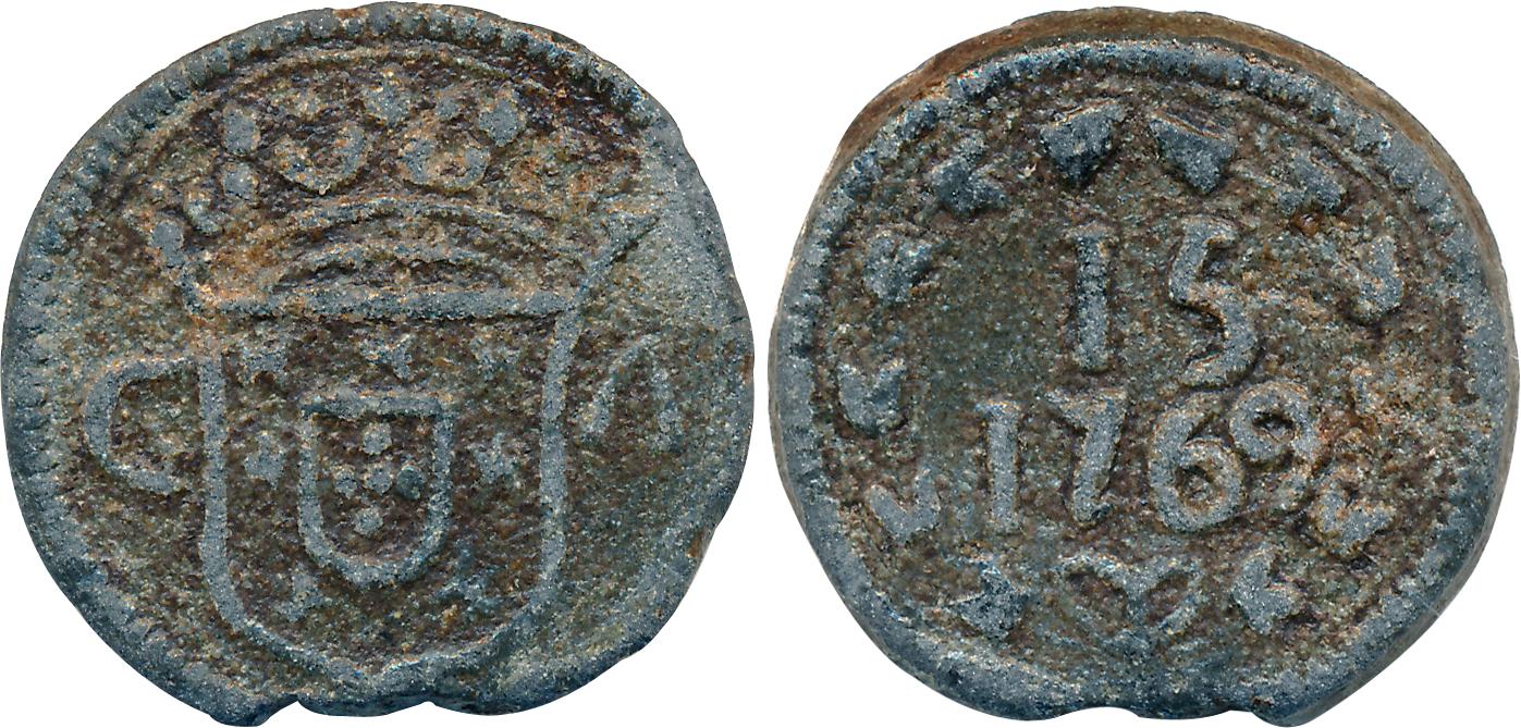 Goa, D Jose I, Tin, 15 Reis, 11.20g, 1769, Obv: Crowned arms divided “GA”, Rev: Value, dat
