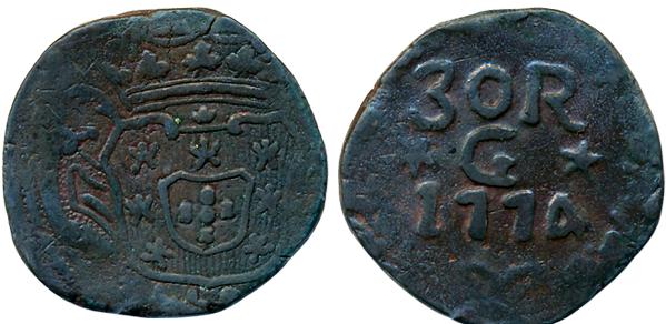 Goa, D. Jose I, Copper, 30 Reis – 1/4 Tanga, 20.78g, 1774, Obv: Crowned arms, Rev: Value a