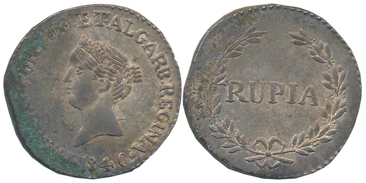 Goa, D. Maria II, Silver Rupia, 11.02g, 1846, Obv: Bust to left, date below, Rev: Value wi