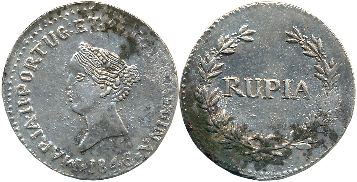 Goa, D. Maria II, Silver, Rupia, 10.92g, 1846, Obv: Bust to left, date below, Rev: Value w