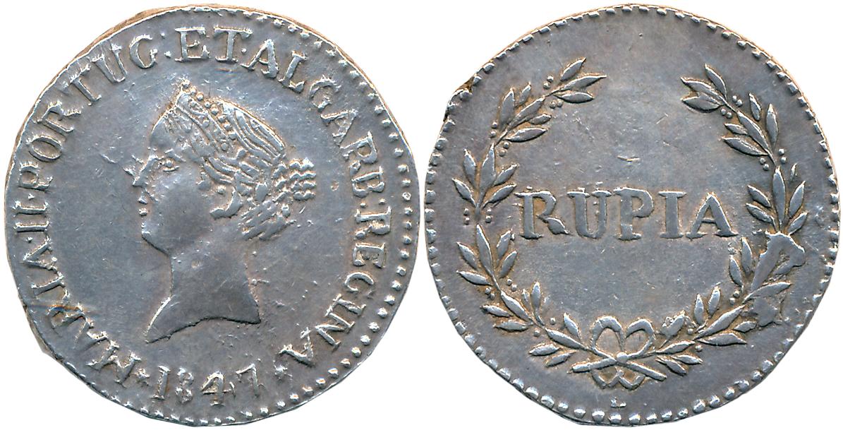 Goa, D. Maria II, Silver, Rupia, 10.83g, 1847, Obv: Bust to left, date below, Rev: Value w