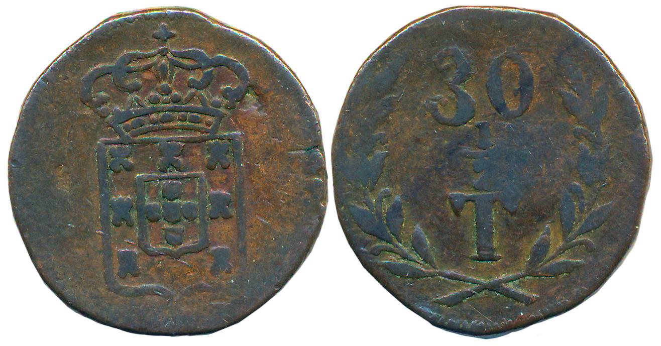 Goa, D Maria II, Copper, 30 Reis, 18.34g, Obv: Crown monogram, Rev: Value within sprays (G