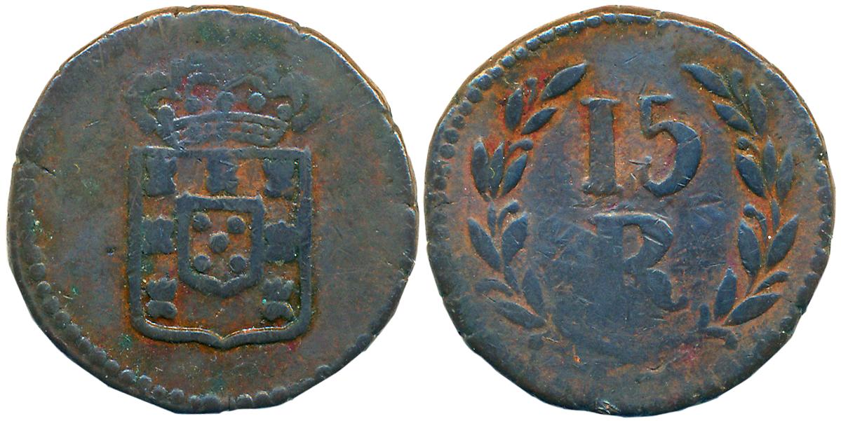 Goa, D Maria II, Copper, 15 Reis, 9.18g, Obv: Crown monogram, Rev: Value within sprays (Go