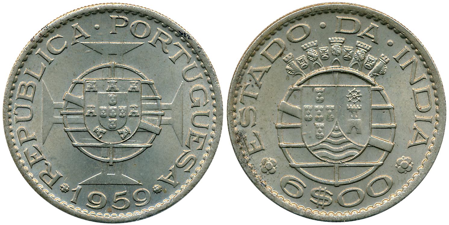 Copper Nickel, 6 Escedos, 1959, Obv: Shield in lined circle, Rev: Towers & Shields (KM# 35
