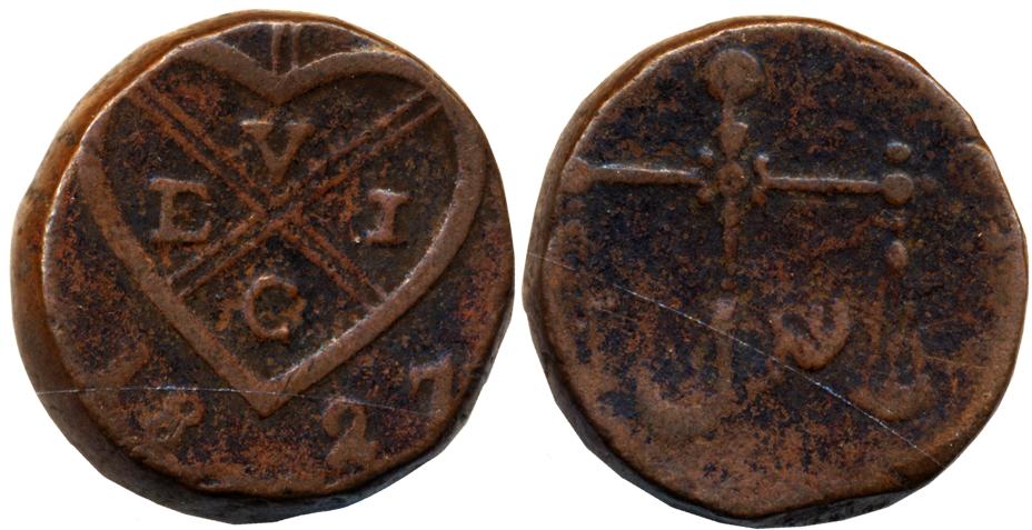 Copper Pice, 10.50g, AD 1827, Obv: U.E.I.C. in bale mark, Rev: Scales & Adl in Persian (KM