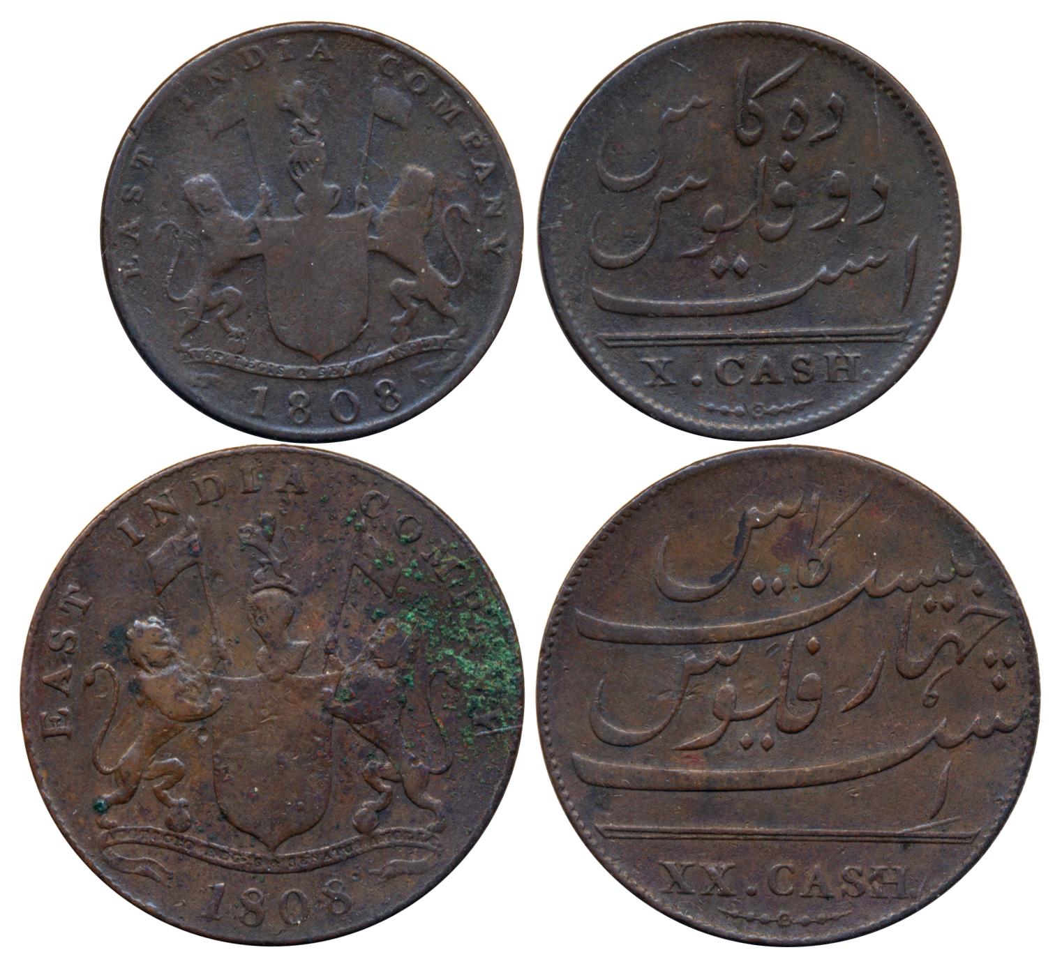 Copper (2), 20 Cash & 10 Cash, 1808, Soho Mint (KM# 321, 319). Very fine, scarce. 2 coins.