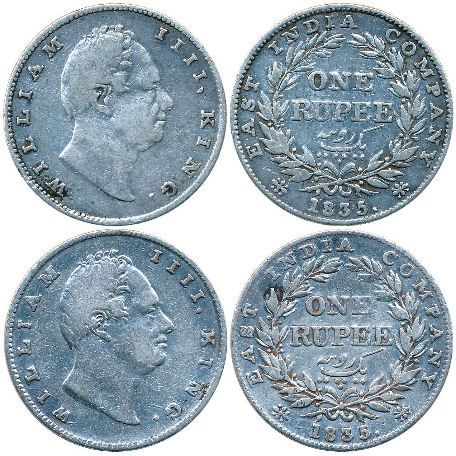 William IIII, Silver Rupees (2), 1835, No initial. Fine+. 2 Coins.