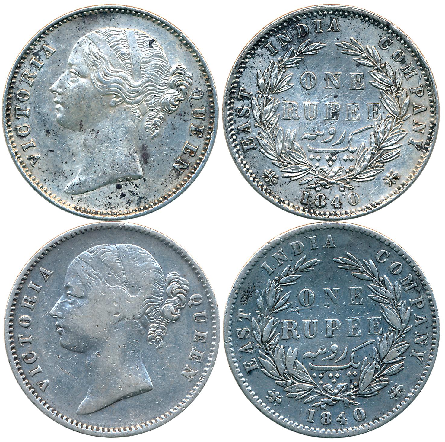 Victoria Queen, Silver Rupees (2), 1840. Very fine. 2 coins.