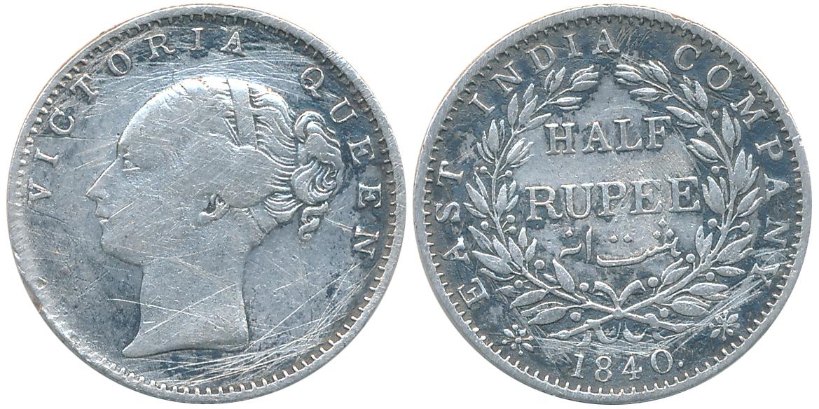 Victoria Queen, Silver 1/2 Rupee, 1840. Fine+.