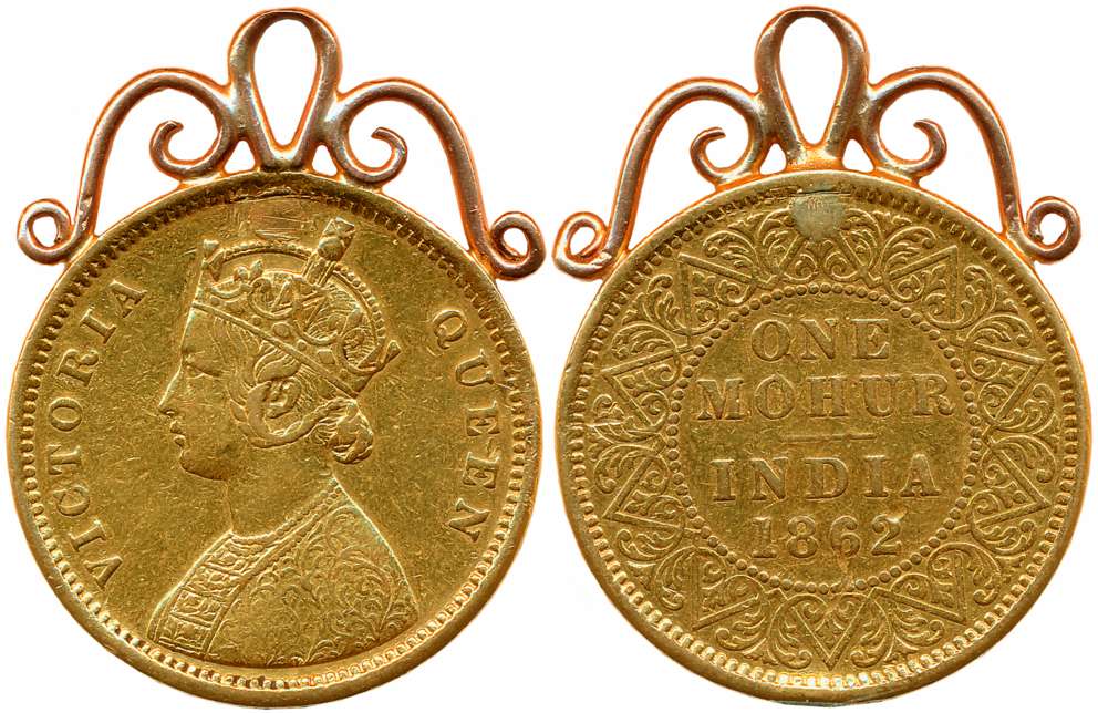 Victoria Queen, Gold Mohur, 12.31g, 1862. Attached with loop for jewellery pendent.