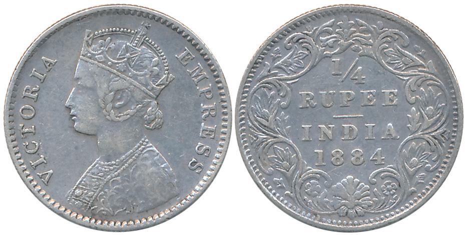 Victoria Empress, Silver 1/4 Rupee, 1884, Bombay Mint, B raised, B/I. Very fine.