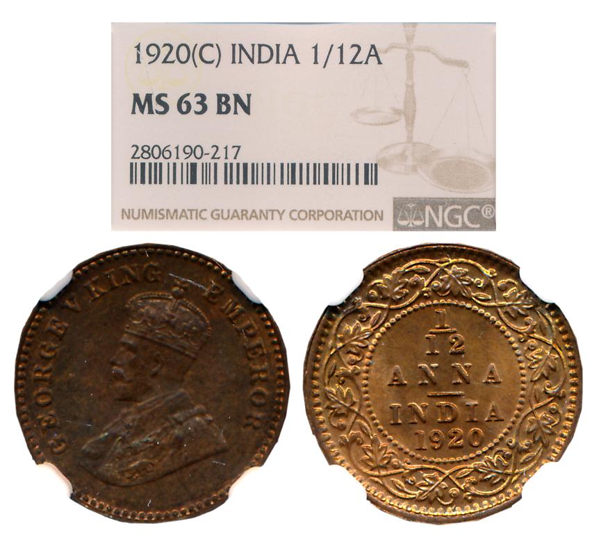 George V, Copper 1/12 Anna, 1920, Calcutta Mint. Slabbed & Graded by NGC as MS 63 BN.