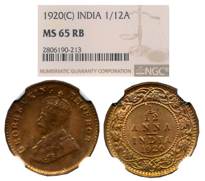 George V, Copper 1/12 Anna, 1920, Calcutta Mint. Slabbed & Graded by NGC as MS 65 RB.