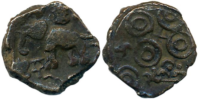Satavahanas, Andhra Region, Copper, 2.04g, Obv: Elephant walking to left srivatsa symbol a