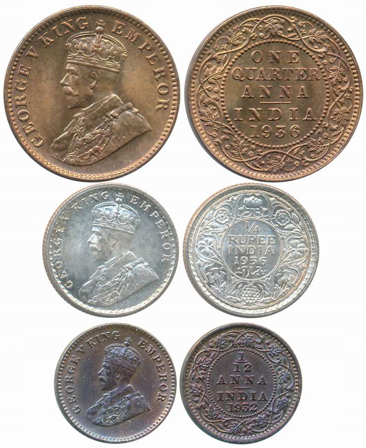 George V, Silver (1) & Copper (2), 1/4 Rupee, 1936, 1/4 Anna, 1936 & 1/12 Anna, 1932. Abou