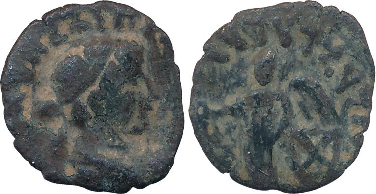 Kushan, Kujula Kadphises, Copper, 1.72g, Obv: Diademed bust of king to right, traces of Gr