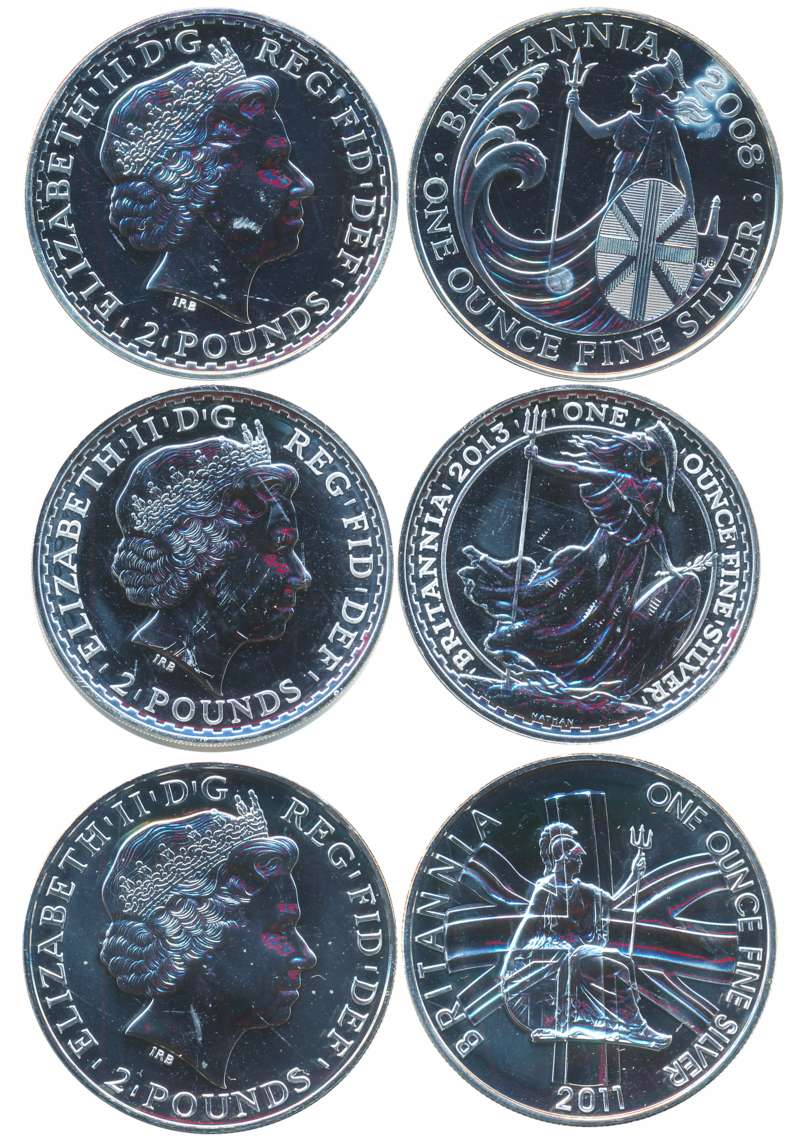 Great Britain, Silver Britannia (3), 2008, 2011, 2013. Uncirculated with some light hazing