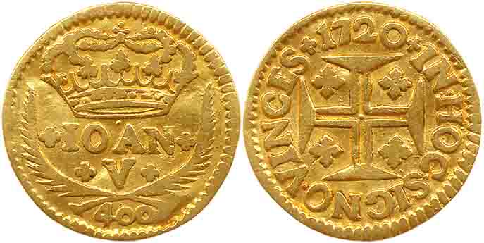 Brazil, Joao VI, Gold, 400 Reis, 0.94g, 1720, Lisbon Mint, Obv: Legend, denomination, Crow