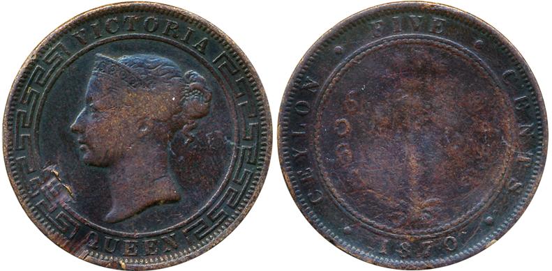 Ceylon, Victoria, Copper, 5 Cents, 1870, Obv: Young bust of Victoria Queen to left, Rev: P