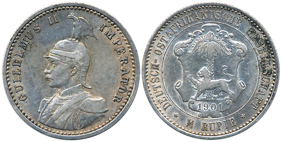 German East Africa, Wilhelm II, Silver 1/4 Rupee, 1901 (KM#3). Very Fine+.