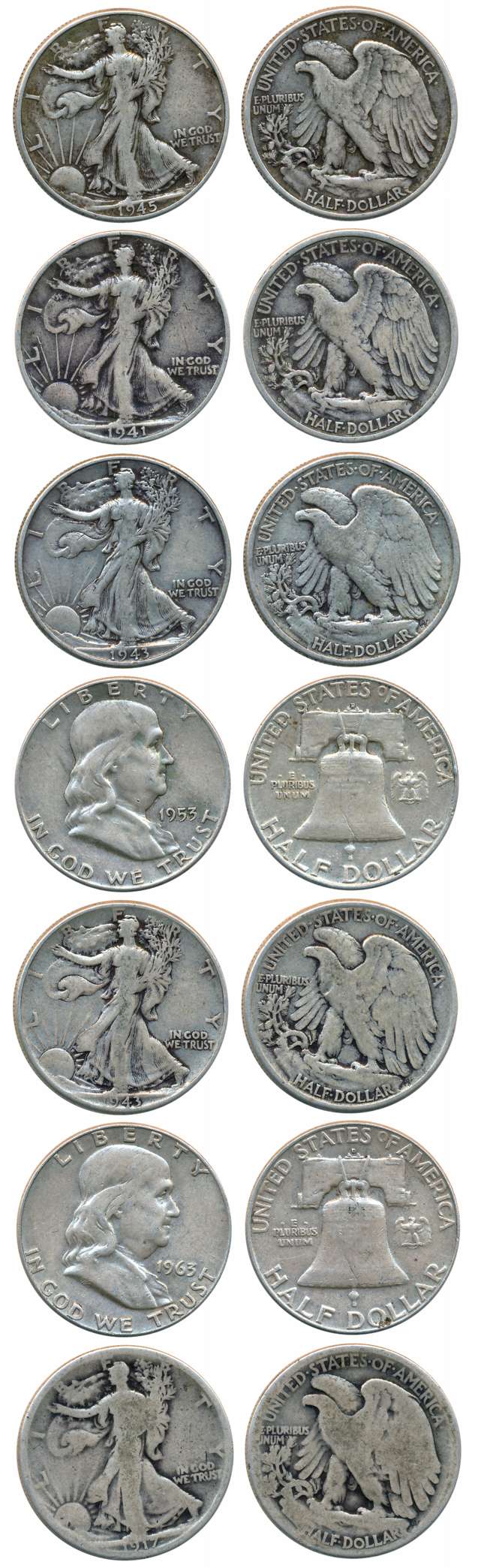 United State of America, Silver 1/2 Dollar (7), 1917, 1941, 1943 (2), 1645, 1953, 1963. Fi