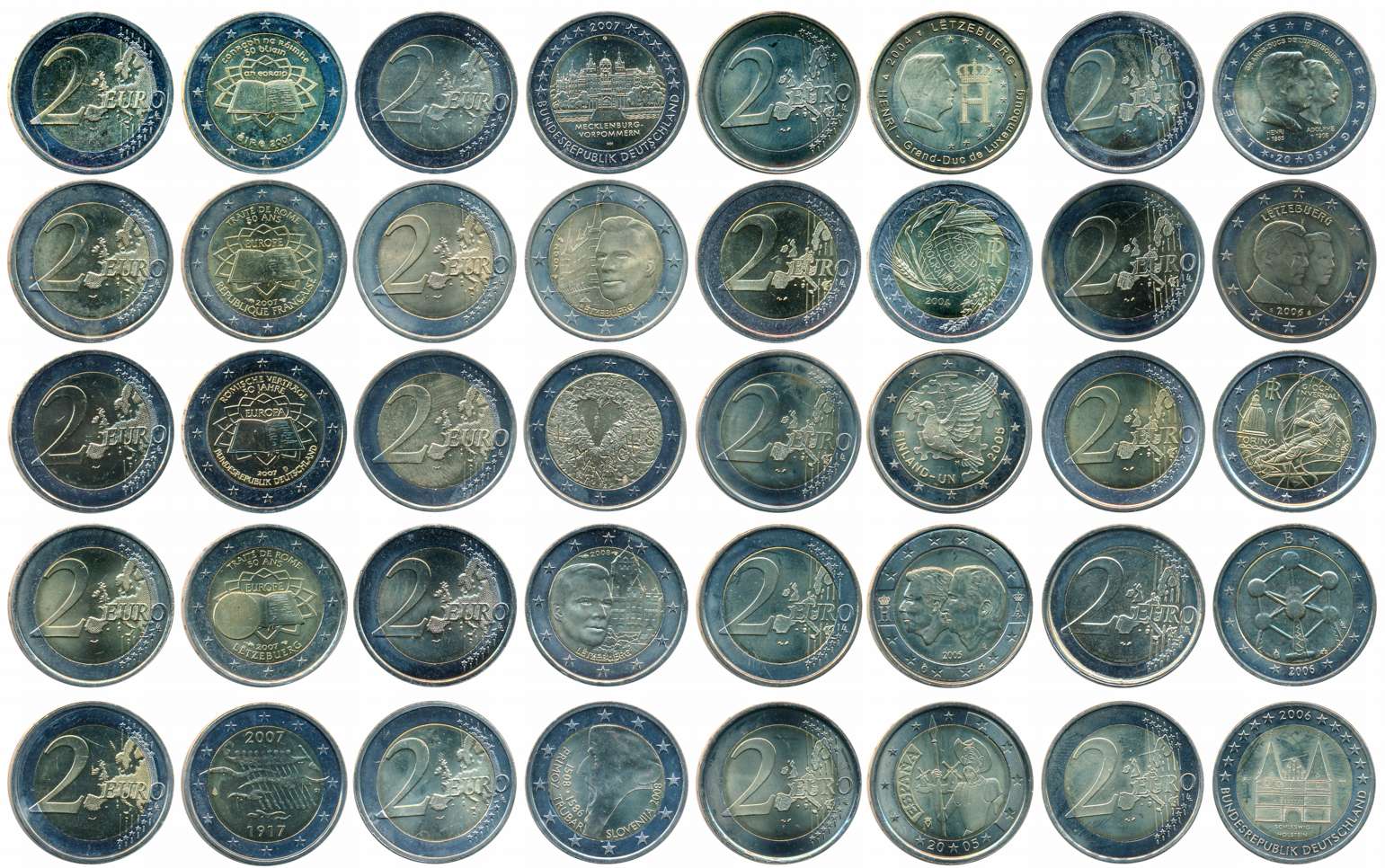 Set of European special issue commemorative 2 Euro Bimetallic coins (20), from 2004-2008. 