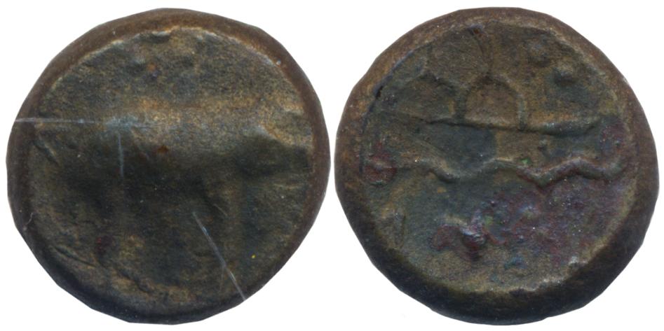 Western Kshatrapas, Damsena, Potin, 1.08g, Obv: Elephant to right with Sun & crescent abov