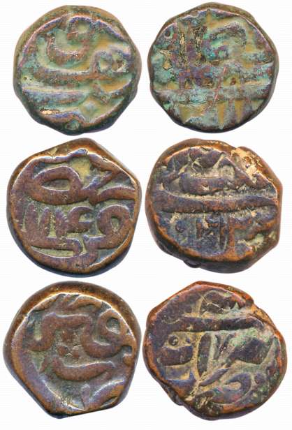 Copper Dams (3), Akbar (2), 19.49g, 20.44g, Delhi Mint, Ilahi Month Ardibihisht, Year 4X &