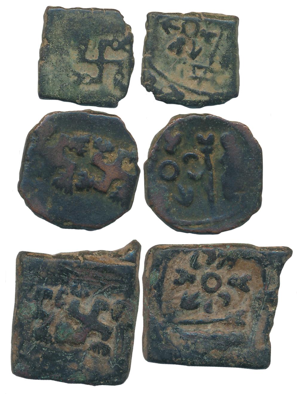 Post Mauryan, Saurashtra Region, Uninscribed Cast Copper (3), 6.76g, 3.83g, 2.65g, Obv: Sw