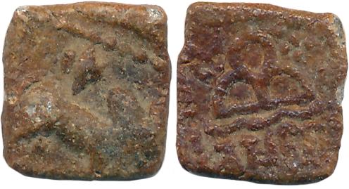Western Kshatrapas, Lead, 1.53g, Obv: Humped Bull to right, Rev: Three arched hill, wavy r