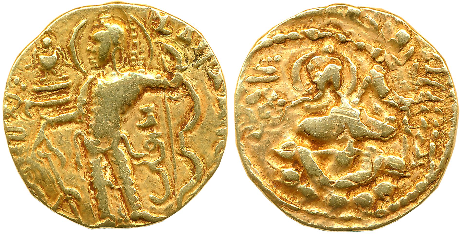 Guptas, Chandra Gupta II, Gold Dinar, 7.86g, “Archer” type, Obv: Nimbate king standing wea