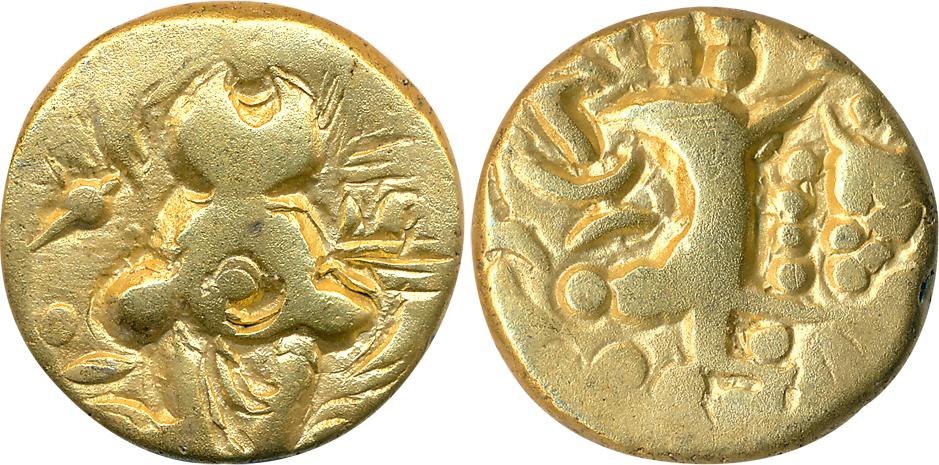 Karkotaka’s of Kashmir, Pratapaditya, Base Gold Dinar, 7.38g, Obv: Crude representation of
