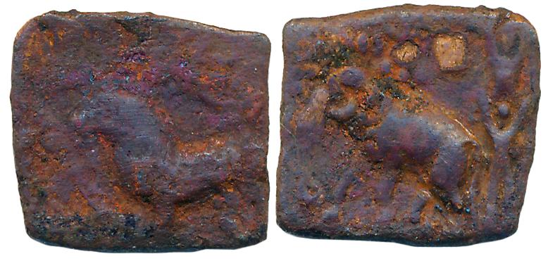 Sangam Cholas, Copper, 1.50g, Obv: Elephant to left symbols above with in dotted circle, R