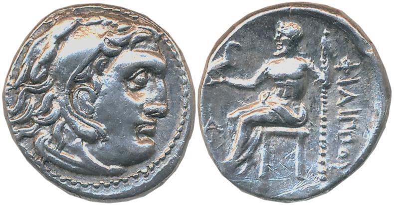 Kingdom of Macedonia, Phillip III, Silver Drachma, 4.32g, Obv: Head of young Herakles to r