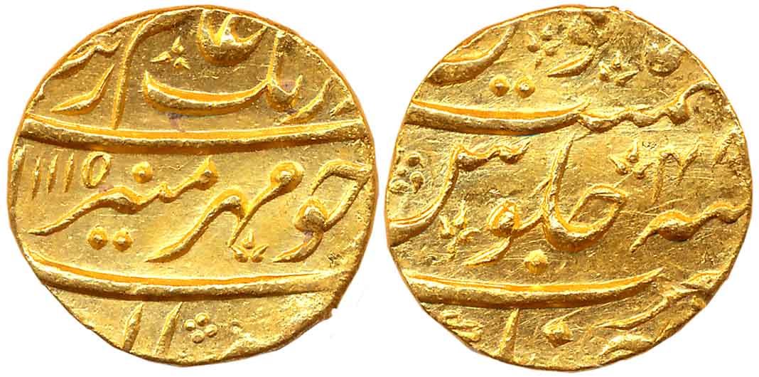 Aurangzeb, Gold Mohur, 10.96g, Ahmadnagar Mint, AH 1115/ RY 48 (KM# 315.2). Very fine, sca