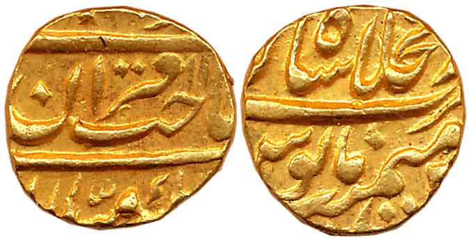 Muhammed Shah, Gold 1/2 Mohur, 5.50g, Dar ul Khilafat Shahjahanabad Mint (KM# D438.1). Ver