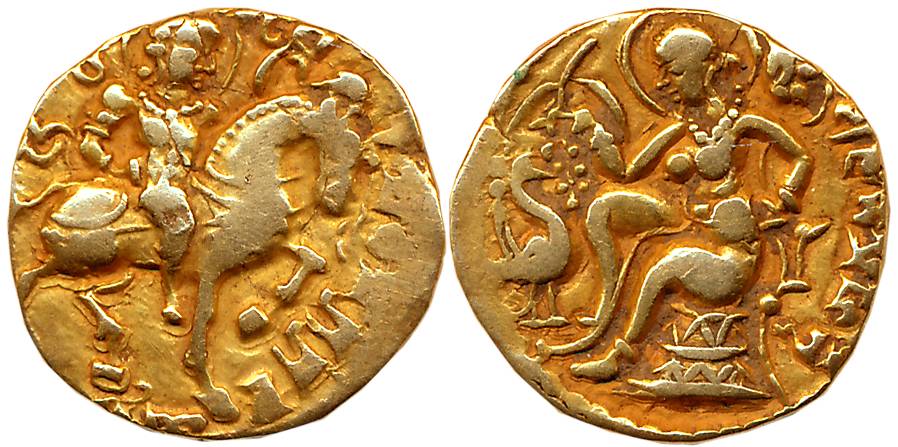 Kumar Gupta I, Gold Dinar, 8.12g, “Horse Rider”, Obv: King riding a horse to right, Rev: G