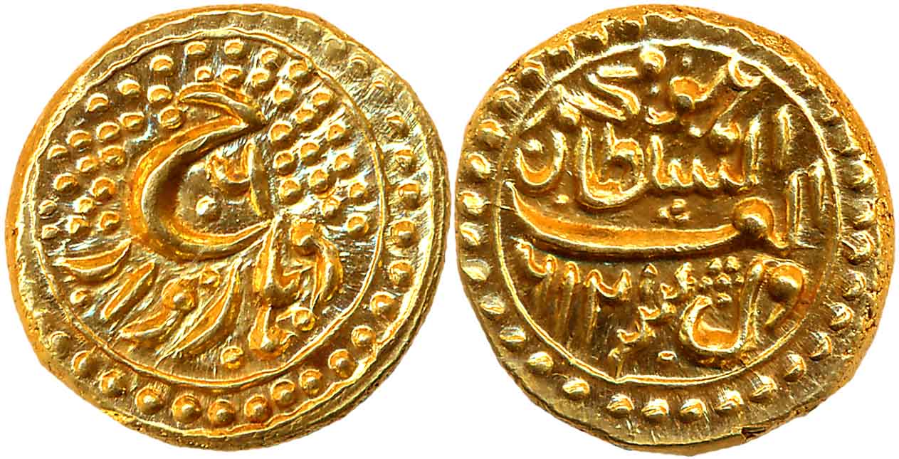 Tipu Sultan, Gold Pagoda, 3.41g, Dharwad Mint, AM 1216/ RY 6, Obv: Persian letter “He”, Mi