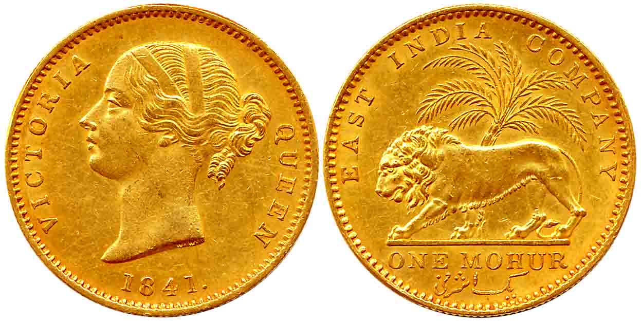 Victoria Queen, Gold, Mohur, 11.64g, 1841, “W.W.” incused, Divided legend, Calcutta Mint, 