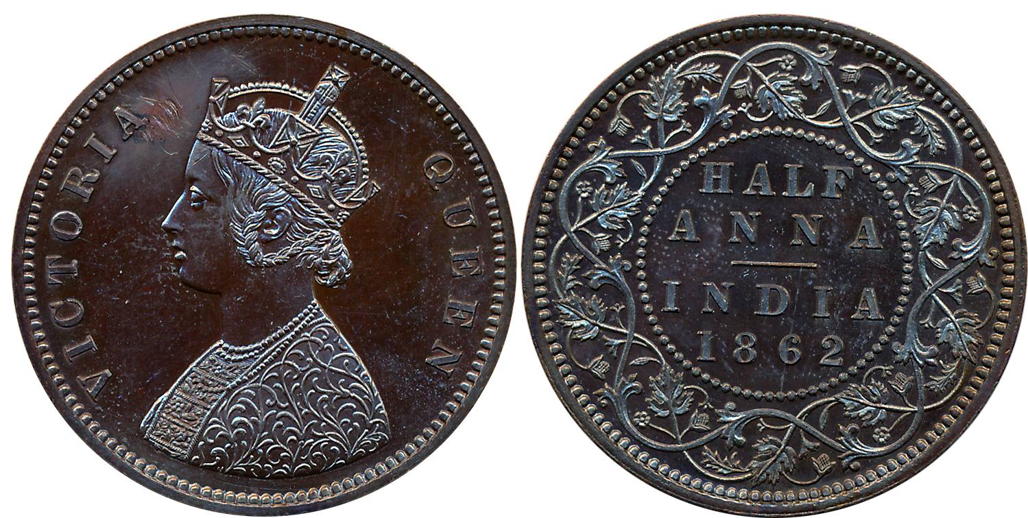 Victoria Queen, Copper Original Proof Half Anna, 1862, Calcutta Mint, Obv: Crowned and rob