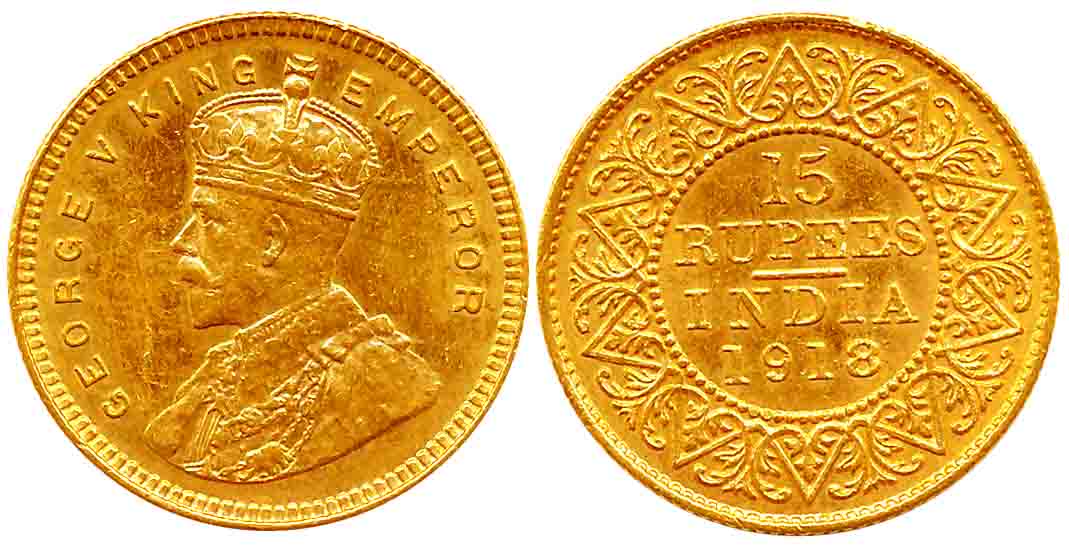 George V, Gold, 15 Rupees, 8.00g, 1918, Bombay Mint, Obv: Crowned & robed bust to left, “B