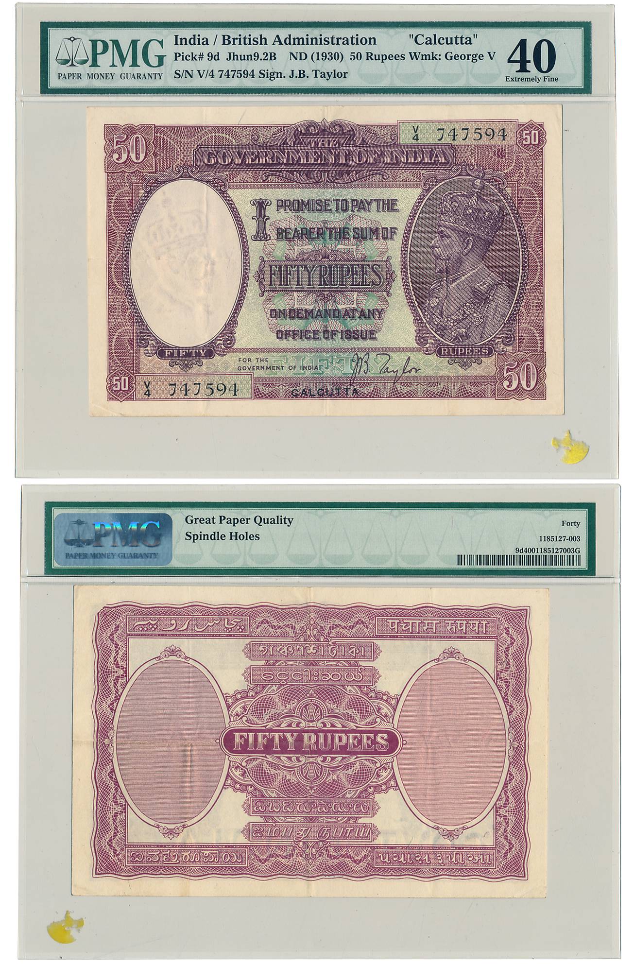 George V, Rupees 50, Type 9, Calcutta, Signed J.B. Taylor, Prefix V/4 (Jhun# 9.2B). Graded