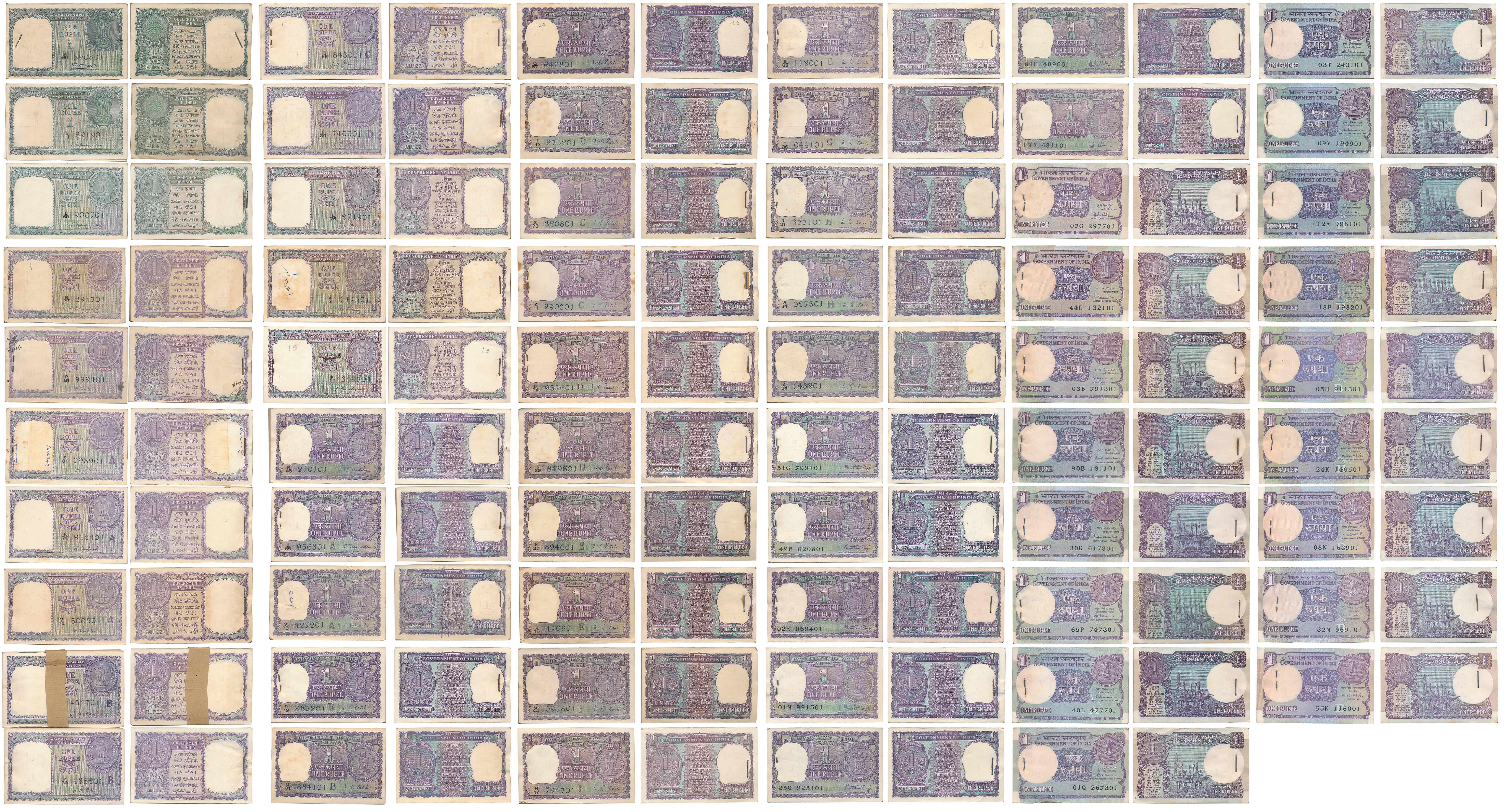 Rupee 1, Pack of 100 Notes (59 Packs), Complete Signature Set of all Finance Secretaries f