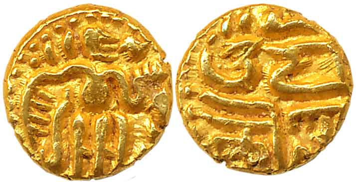 Imperial Cholas, Raja Raja I, Gold 1/2 Fanam, 0.71g, Obv: King standing facing right, Rev: