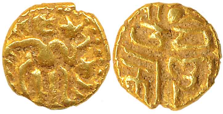 Imperial Cholas, Raja Raja I, Gold 1/2 Fanam, 0.72g, Obv: King standing facing right, Rev: