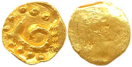 Later Cholas of Tamilnadu, Fractional Gold Coin, 0.06g, Uniface, “ma” in Grantha Tamil on 