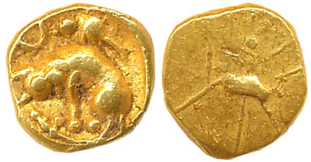 Chalukyas of Kalyana, Unattributed, Gold Fanam, 0.42g, Uniface, Boar standing facing left 
