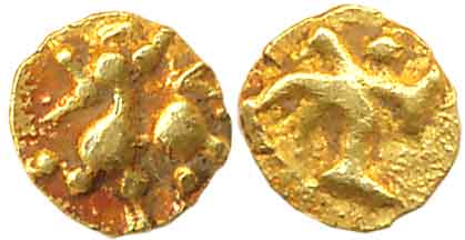 Chalukyas of Kalyana, Jagadekamalla, Gold 1/4 Fanam (Haga), 0.10g, Obv: Lion with raised f