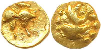 Chalukyas of Kalyana, Jagadekamalla, Gold 1/4 Fanam (Haga), 0.09g, Obv: Lion with raised f