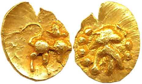 Chalukyas of Kalyana, Jagadekamalla, Gold 1/4 Fanam (Haga), 0.10g, Obv: Lion with raised f